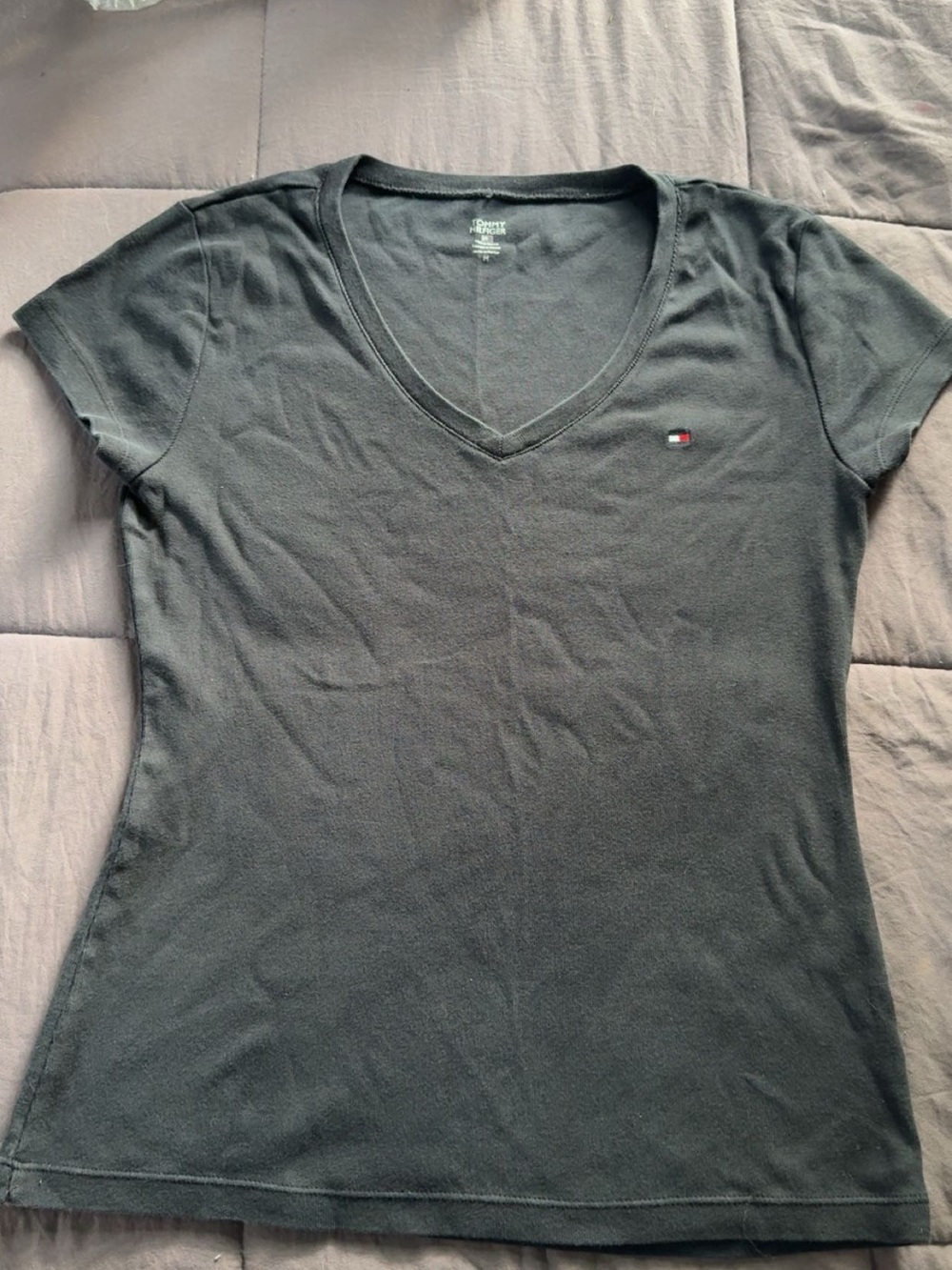 Tommy Hilfiger Black V‑Neck Short Sleeve Tee with Flag Logo